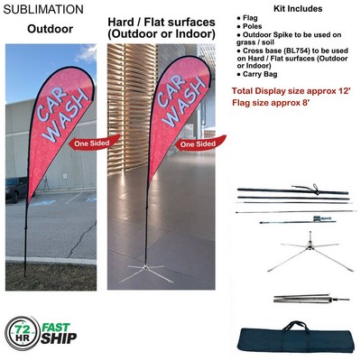 72Hr Fast Ship - 12' Medium Tear Drop Flag Kit, Full Color Graphics One Side, Outdoor & Indoor base