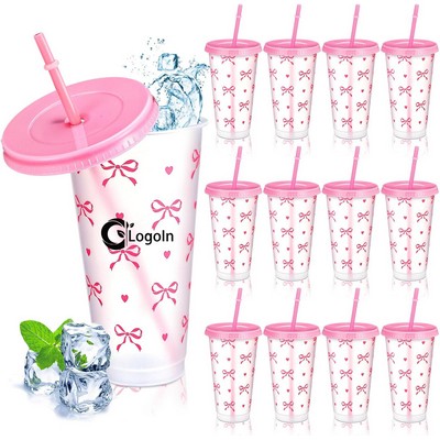Pink Bow Plastic Cup with Lid and Straw 24 oz Reusable Coquette Bow Tumbler