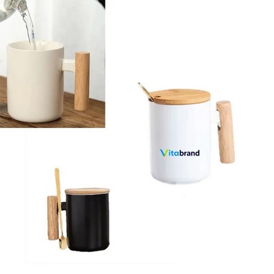 Ceramic Mug with Bamboo Lid Wooden Handle Spoon Set