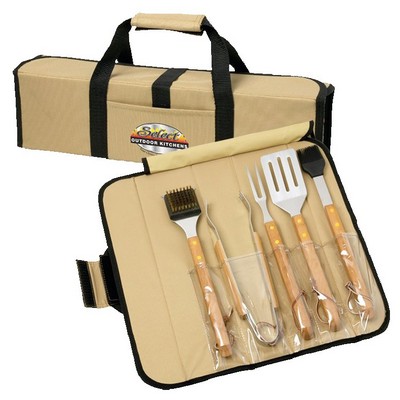 5 Piece BBQ Set (Bamboo) in Roll-Up Case