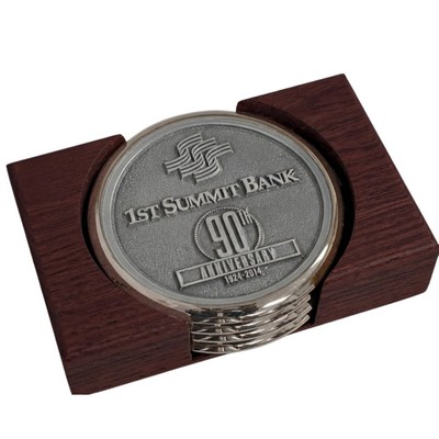 Nickel Plated Boardroom Coaster w/ Zinc Alloy Insert - Set of 2 w/ Holder
