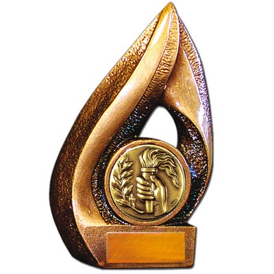 Stock Flame 7" Trophy with 2" Torch & Hand Coin, Engraving Plate