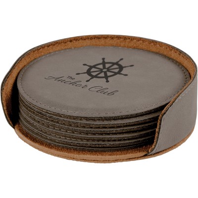 Round Coaster Set - Leatherette - Gray/Engraves Black