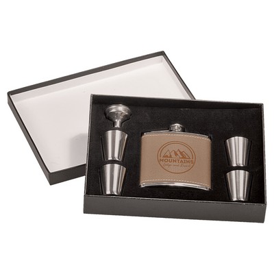 6 oz. Leather Flask Set in Black Presentation Box