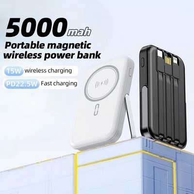 5000mah Magnetic Wireless Charger Power Bank With 3 Built-in Cables and Phone Holder
