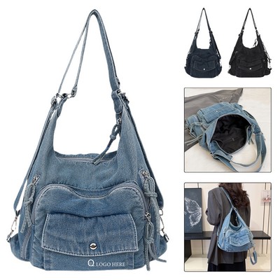 14.1 X 14.6" Denim Multi-Functional Bag W/ Denim-Zip