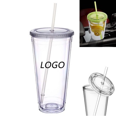 24Oz Transparent Double Wall Plastic Straw Tumbler