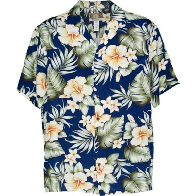Navy Blue Hawaiian Shirt - 100% Silky Rayon Tropical Print w/Genuine Coconut Buttons