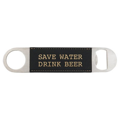 Black Leatherette Bottle Opener - Laser Engraves to Gold