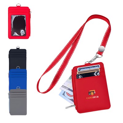 Custom PU Leather Card Holder Lanyard W/ Zipper