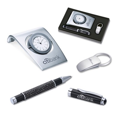 3-Piece Gift Set of Dual Function Desk Clock & Photo Frame, Ballpoint Pen and Key Ring