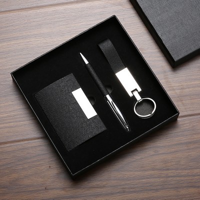 Beautiful Business Card Holder Keychain + PU Metal Pen Business Card Case Set