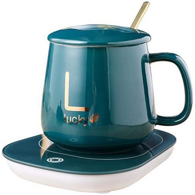 Electric Coffee Mug Warmer Set with Ceramic Cup & Spoon
