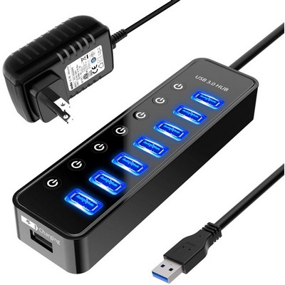 Powered USB Hub 3.0 USB Data Hub Splitter with 1 Smart Charging Port and Individual On/Off Switches