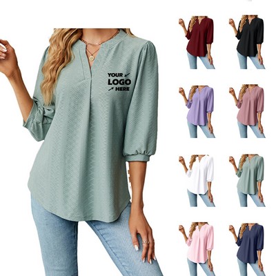 Women's Casual V Neck Solid Color Short Sleeve Shirt