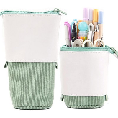 Telescopic Pencil Bag Pen Holder Stationery Case, PU Corduroy Stand-up Retractable Transformer Bag