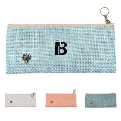 Classic Design Metal Badge Linen Pencil Case