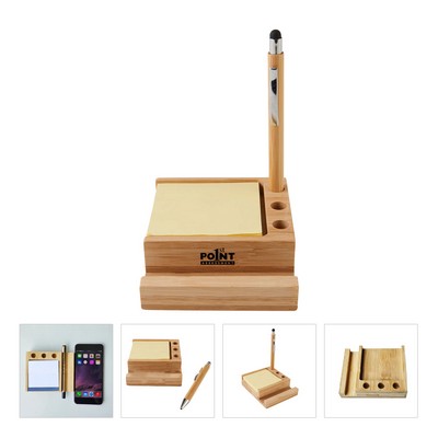 Bamboo Desk Organizer Phone Holder W/ Sticky Notes&Pen Holes