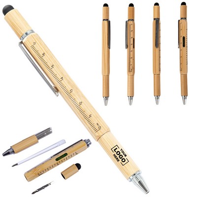 Eco-Friendly 6in1 MultiTool Bamboo Ballpoint Pen W/ Capacitive Stylus Ruler Level Flat & Phillips