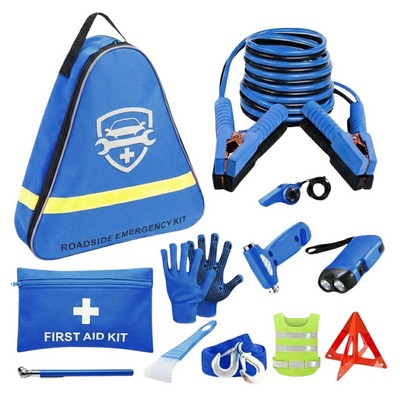 Deluxe Auto Emergency Roadside Kit w/ Jumper Cables, Tow Rope & First Aid in Reflective Triangle Bag