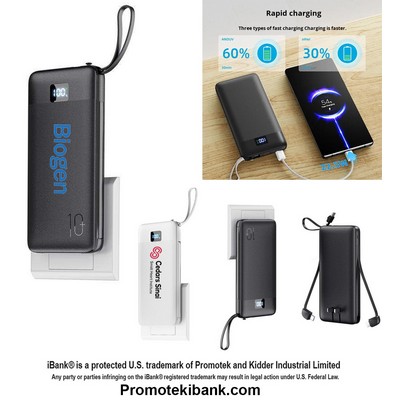 iBank ® Power Bank with Built-In Cables, Retractable AC Wall Plug, and LED Battery Display, 10000mAh