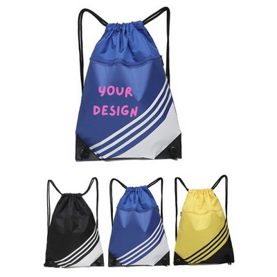 Waterproof Nylon Drawstring Backpack Bag w/ Front Pocket - Custom Logo Gym Sack