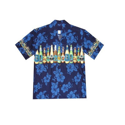 Navy Hawaiian Shirt - 100% Cotton Poplin Tropical Print w/ Coconut Buttons (S - 3XL in-stock)