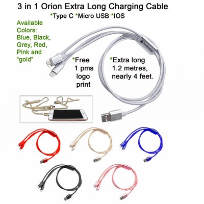 3" 1 Orion Extra Long Charging Cable Silver