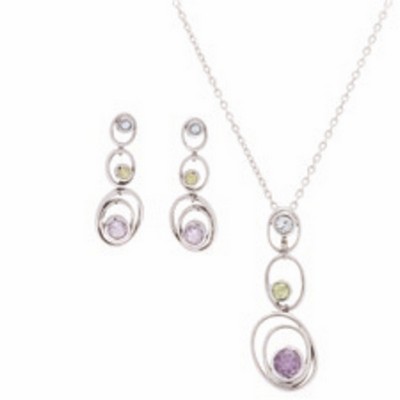 Blue Topaz, Peridot, And Amethyst Necklace and Earring Set W/ Color Medallion