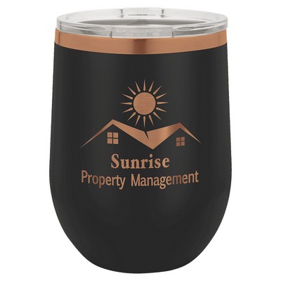Polar Camel 12 oz. Black/Rose Gold ION-Plated Stemless Wine Tumbler with Lid