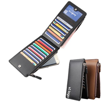 Long Zip RFID Wallet - PU Bifold with 15+ Card Slots