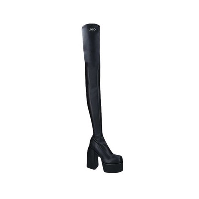 Plus Size Knee High Stretch Boots with Chunky Heel and Square Toe