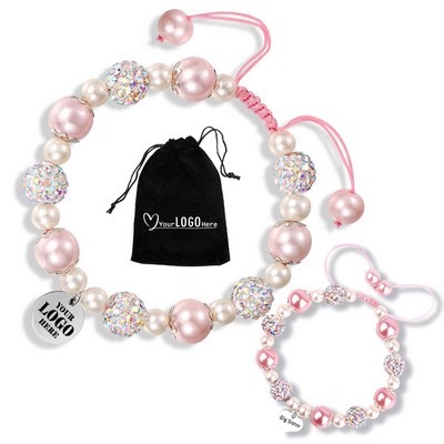 Pink Adjustable Beaded Girls Bracelet with Custom Charm
