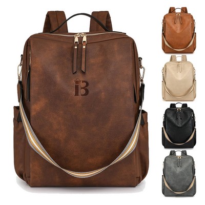 Lightweight Multi-Pocket PU Leather Women Backpack