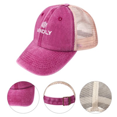 6 Panel Washed Cotton Trucker Hat W/ Mesh Back