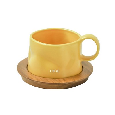 Hand-Sculpted Pleated Ceramic Coffee Cup & Saucer Set "High-Aesthetic" Solid Color Stoneware Mug