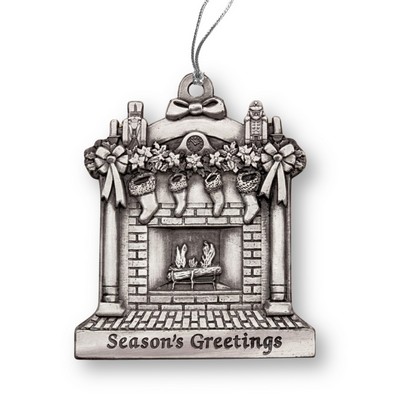 Full Size Stock Design Season's Greetings Fireplace w/Stockings Pewter Ornament