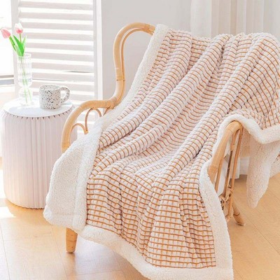 50"x 60" Luxury PLAID Embossed SHERPA Ultra Plush Velour Throw BEIGE WHITE Alesia C.