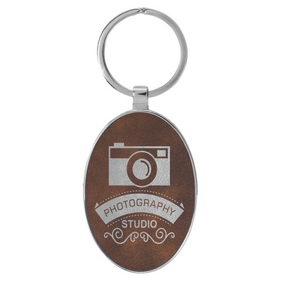 3" x 1 3/4" Leatherette/Metal Rustic/Silver Oval Keychain