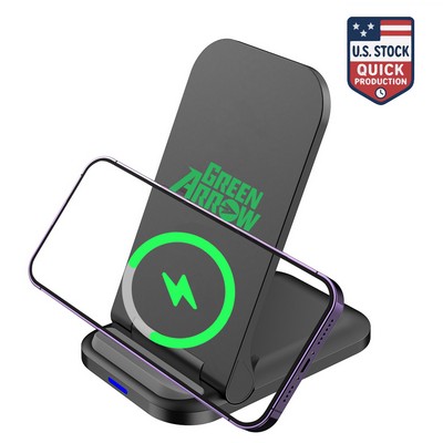 15W Foldable Wireless Charger Stand with Dual Coils & Adjustable Angle