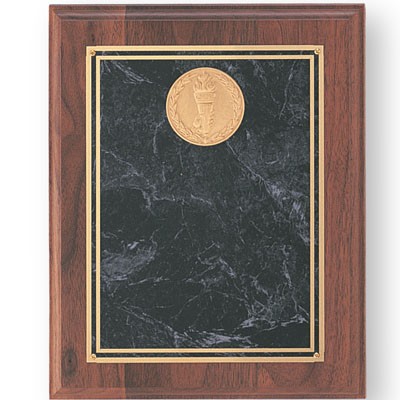 Walnut Finish Plaque and Marbleized Burgundy Red Plate with Gold Trim (9" x 12")