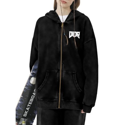 Street Style Zip Hoodie Relaxed Fit with Front Pockets