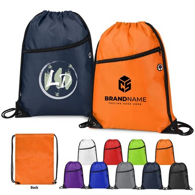 420D Heavy Duty Drawstring Backpack With Front Zipper (Ocean)