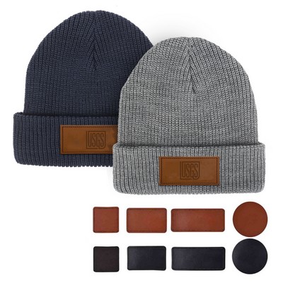 Cuffed Knit Beanie With Faux Leather Patch