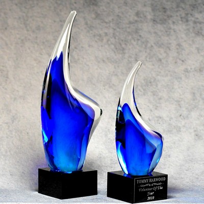 Blue Teardrop Art Glass Award with Black Glass Base - 11.5"
