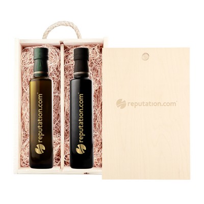 Laser-Engraved Wood Box w/250 Ml Etched Balsamic Vinegar & Olive Oil w/1 Color Fill