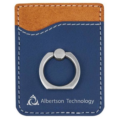 Engraved Phone Wallet with Ring, Blue Faux Leather