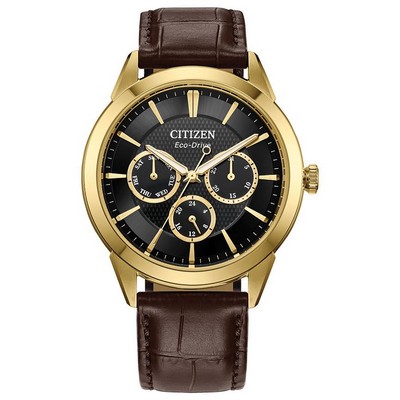 Citizen® Men's Rolan Leather Strap Watch w/Black Dial