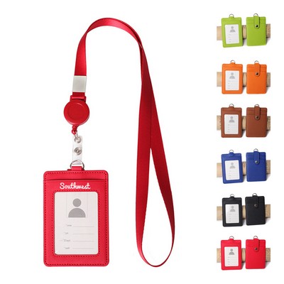 Thick Pu Leather Id Badge Holder with Retractable Lanyard
