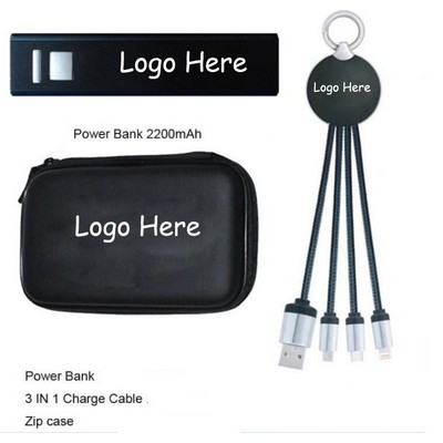 Portable 2200mah Rectangle Power Bank Kit with 3" 1 USB Cable